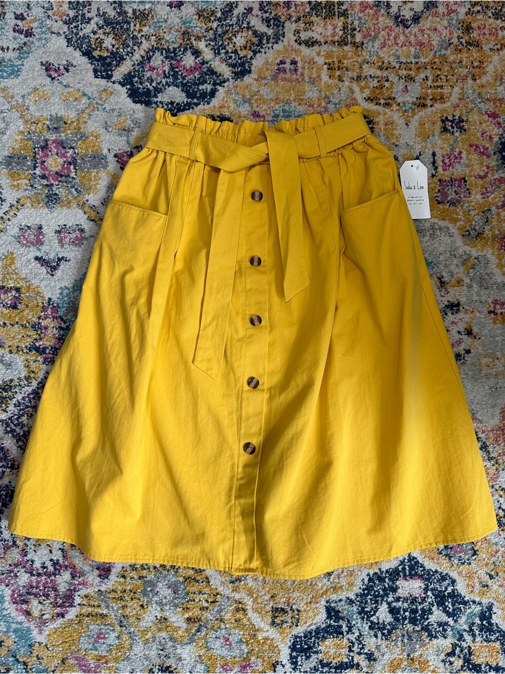 NWT Sadie & Love Mustard Yellow Paperbag Waist Belted Button Midi Skirt Size L